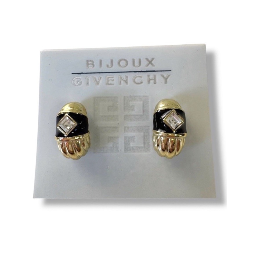 Bijoux Givenchy Vtg 1980s Runway Earrings Gold Plated Black Enamel Crystal Nos 50$